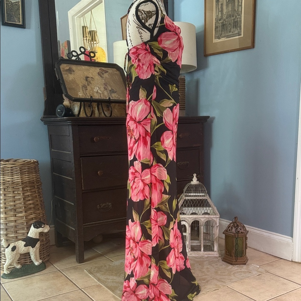 Persaya Black and Pink Floral Print Adjustable Strap Mesh Maxi Dress NWT - Picture 5 of 14